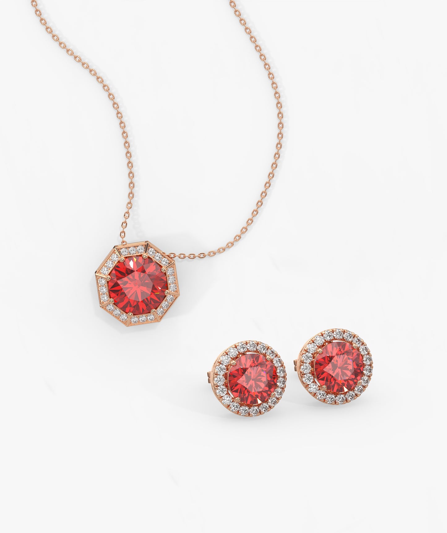 14K Gold Red Diamond Halo Jewelry Set