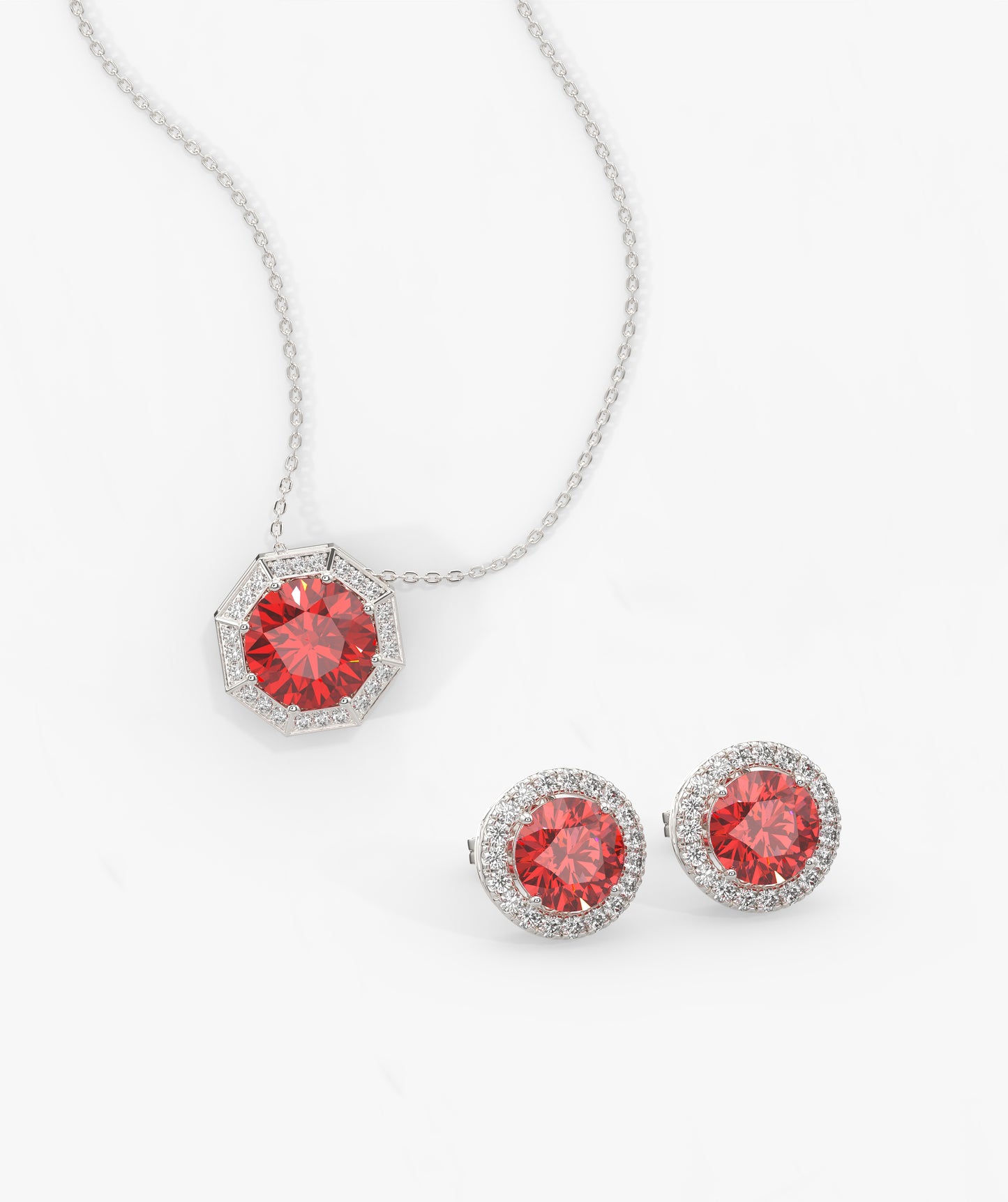 14K Gold Red Diamond Halo Jewelry Set