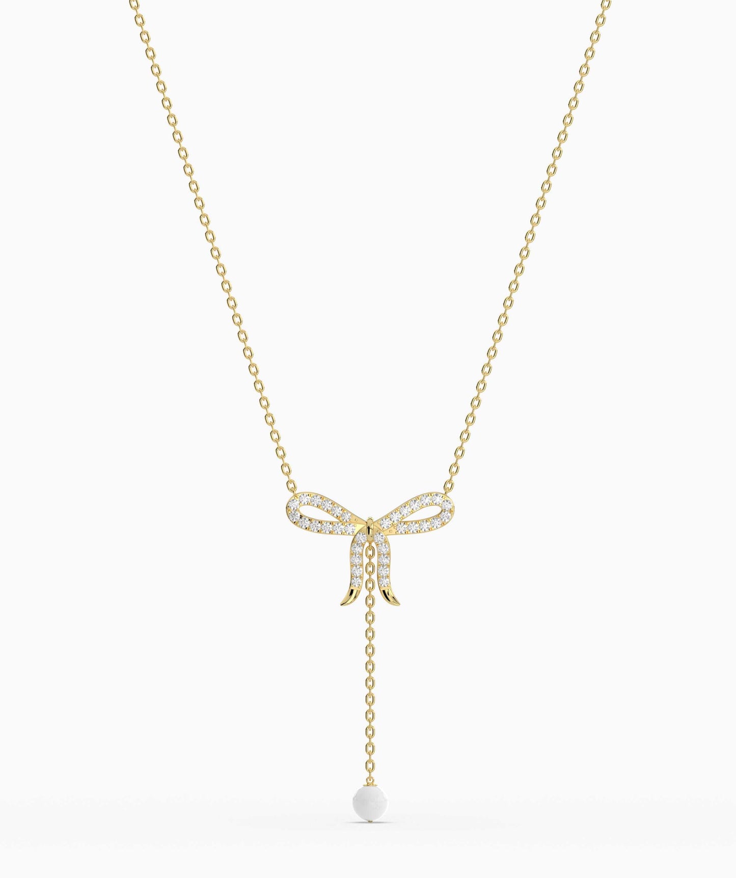 Diamond Bow Necklace with Pearl Drop