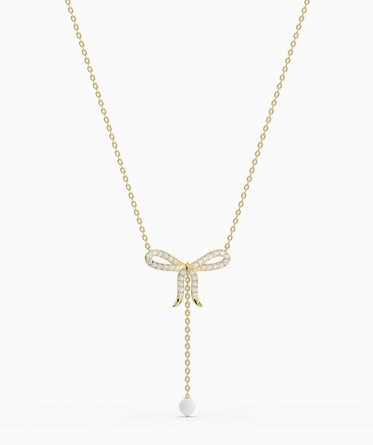 Diamond Bow Necklace with Pearl Drop