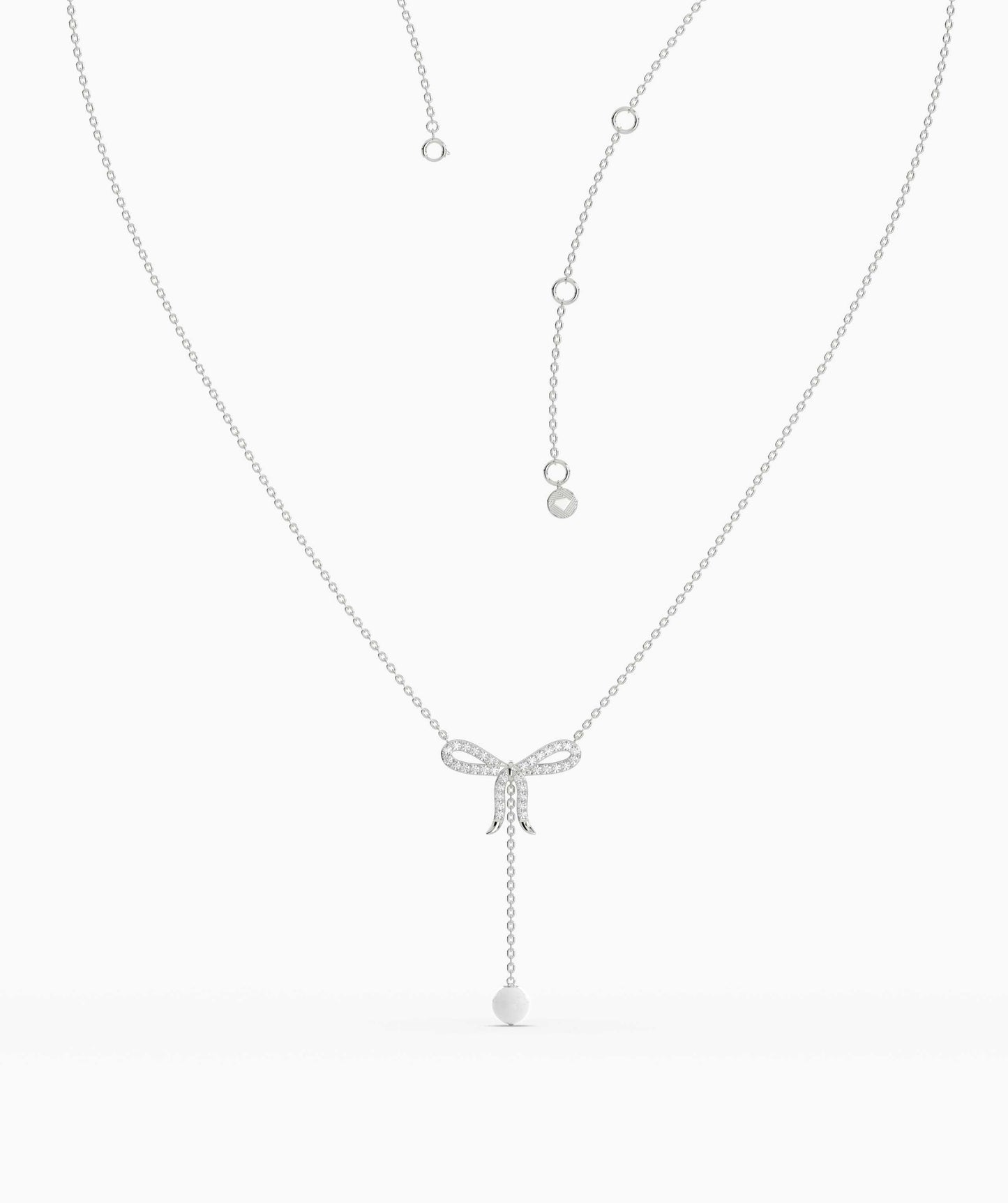 Diamond Bow Necklace with Pearl Drop