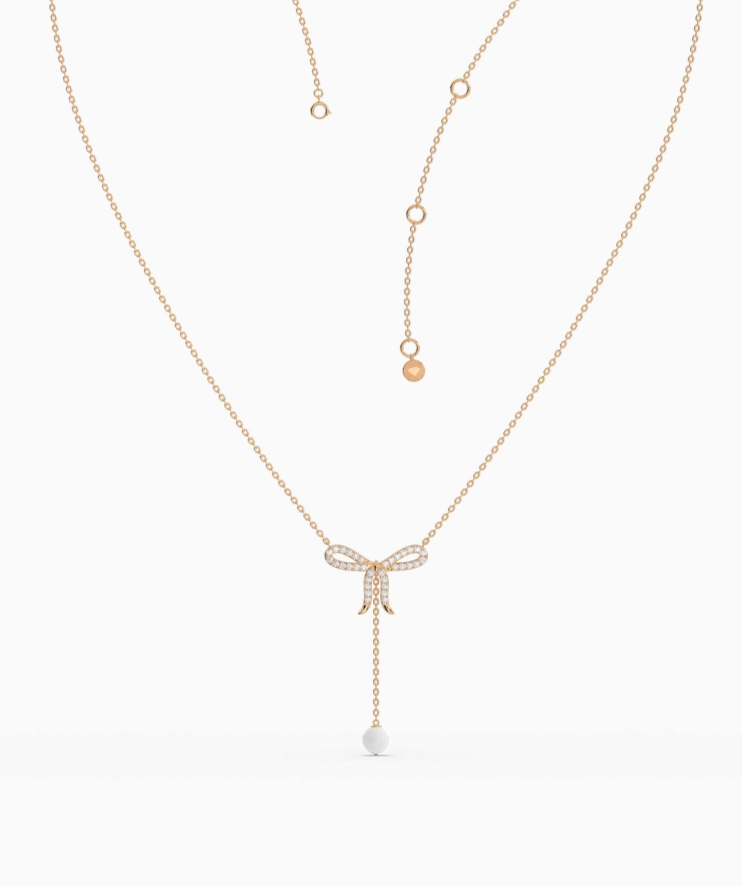 Diamond Bow Necklace with Pearl Drop