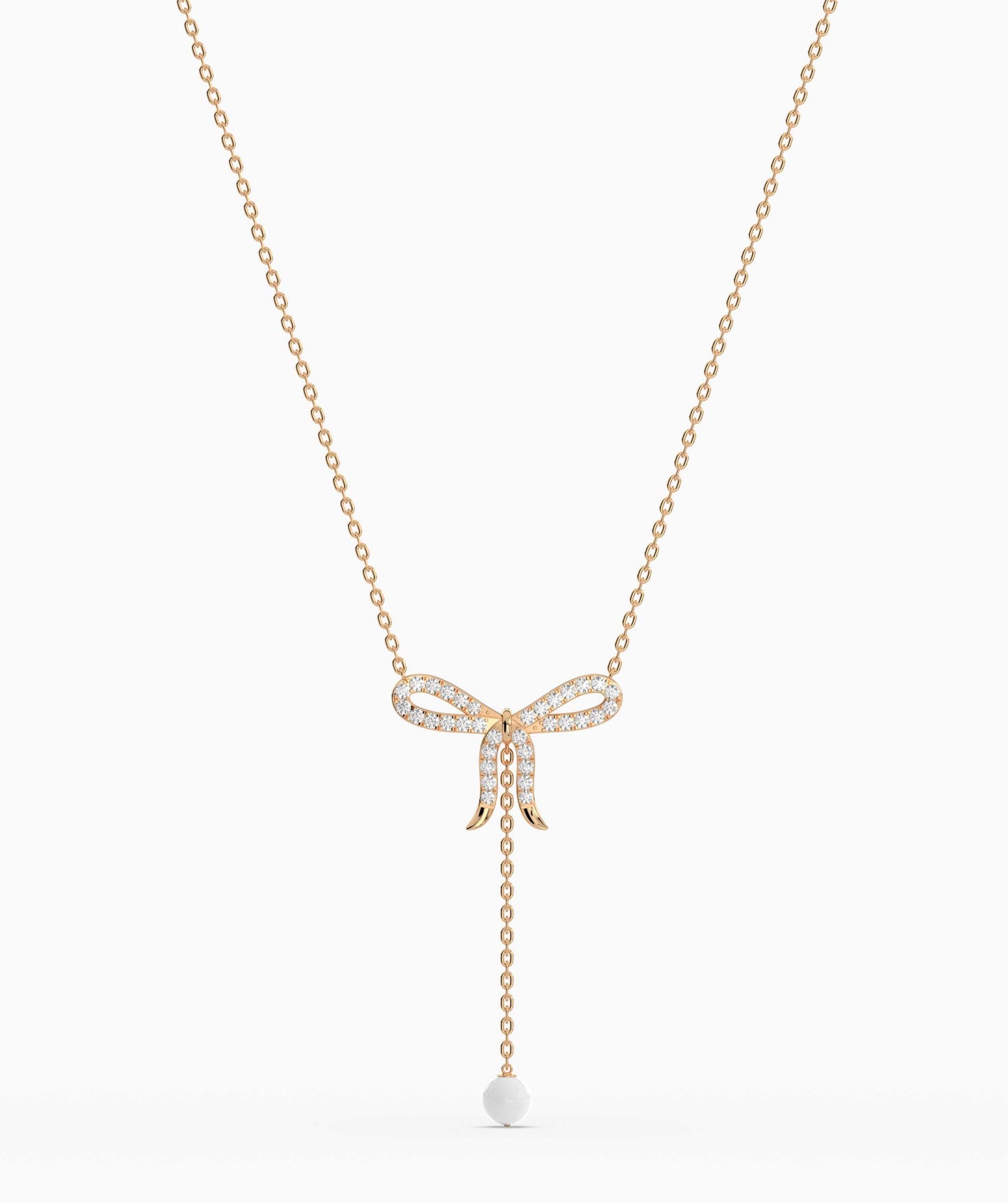 Diamond Bow Necklace with Pearl Drop