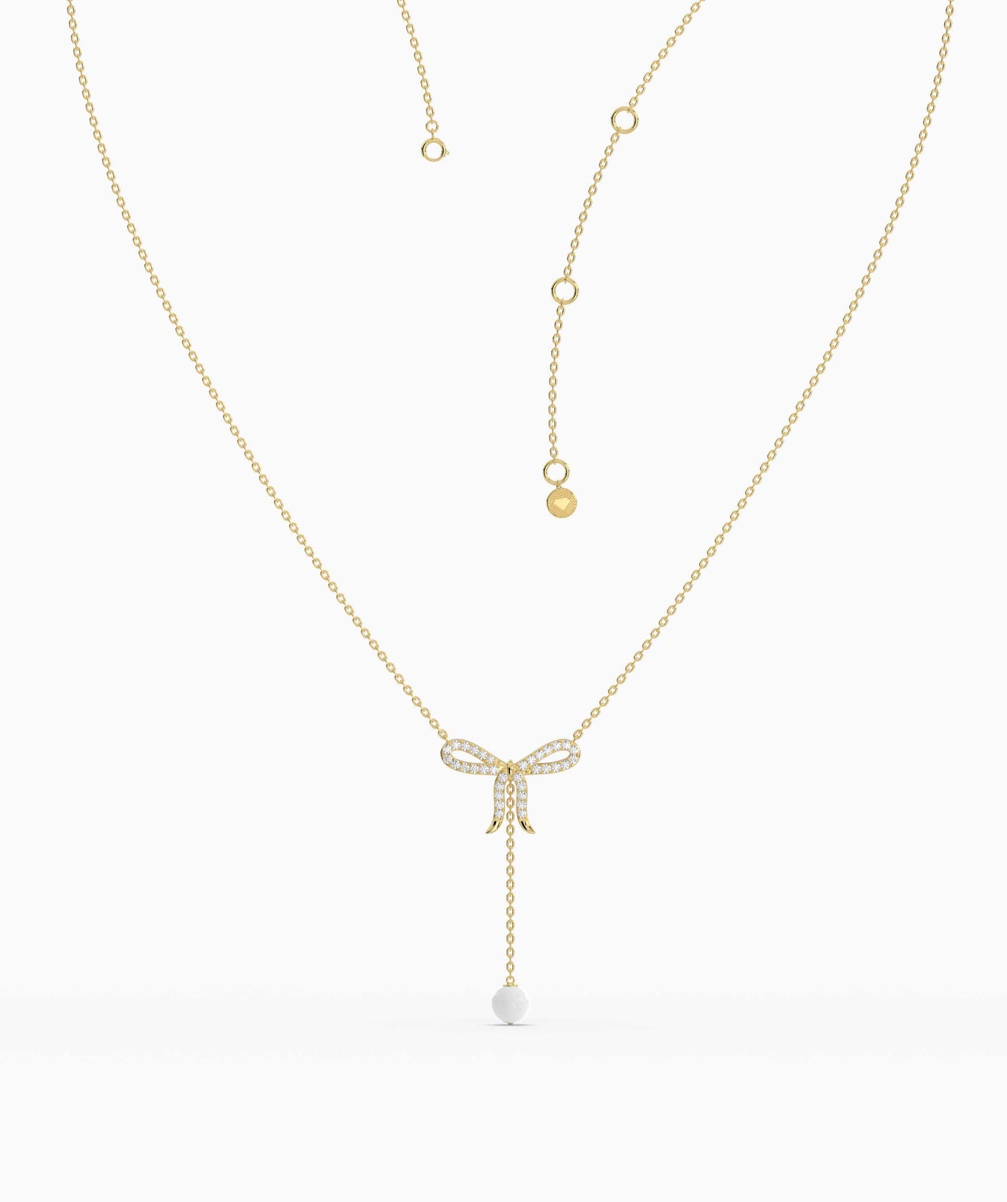 Diamond Bow Necklace with Pearl Drop
