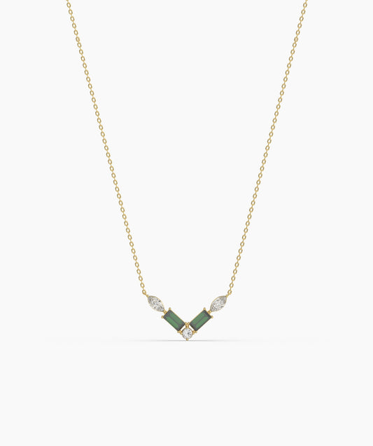 Green Baguette & Diamond V Necklace