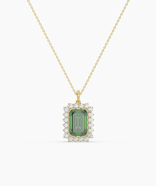 Emerald-Cut Green Stone Halo Necklace