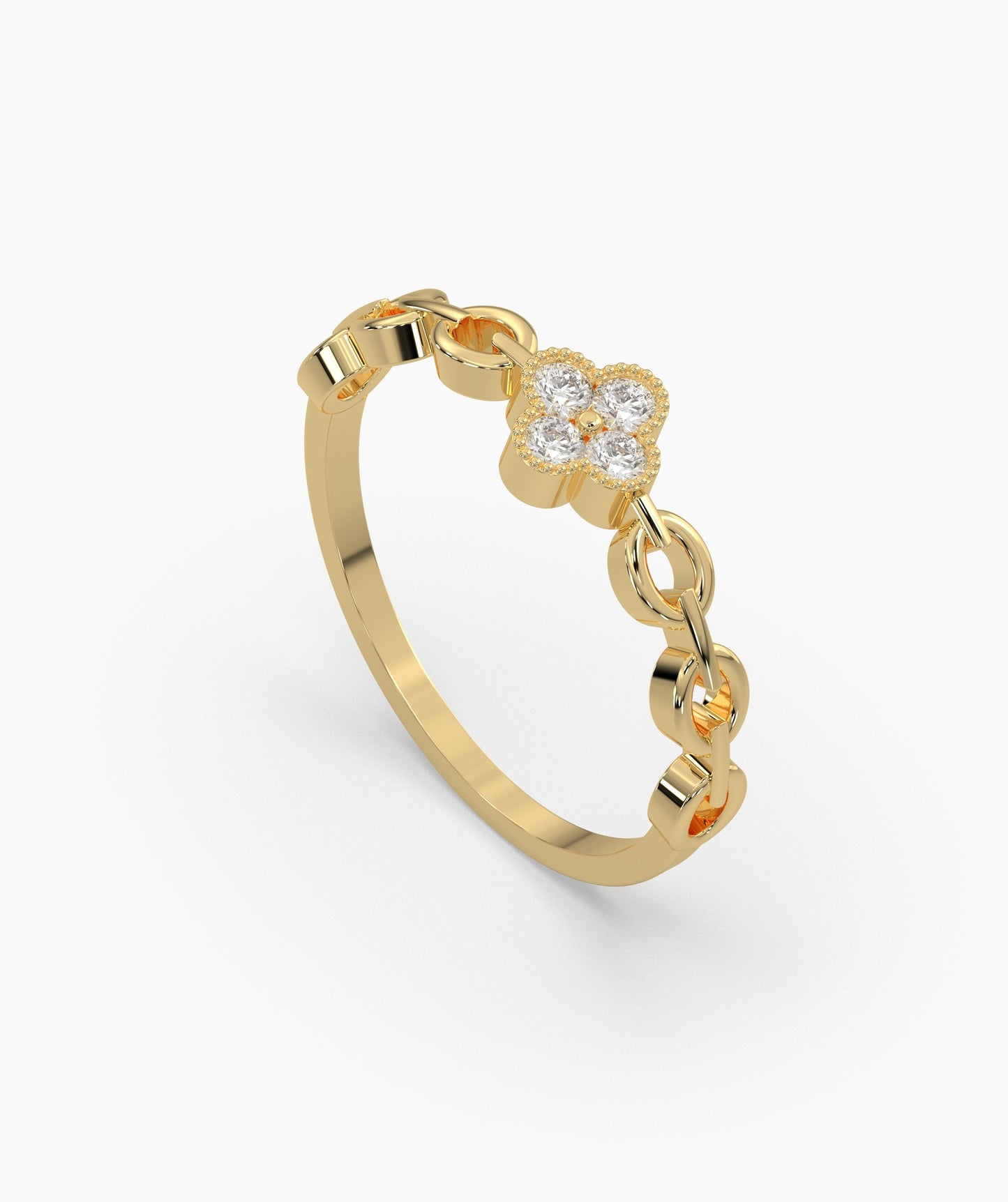14K Gold Floral Clover Diamond Chain Ring