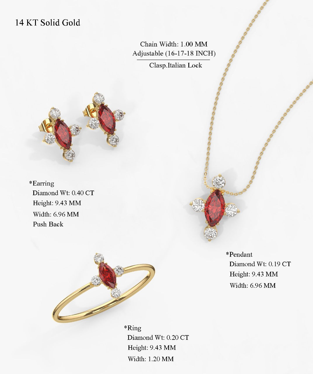 14k Gold Red Gemstone Diamond Set