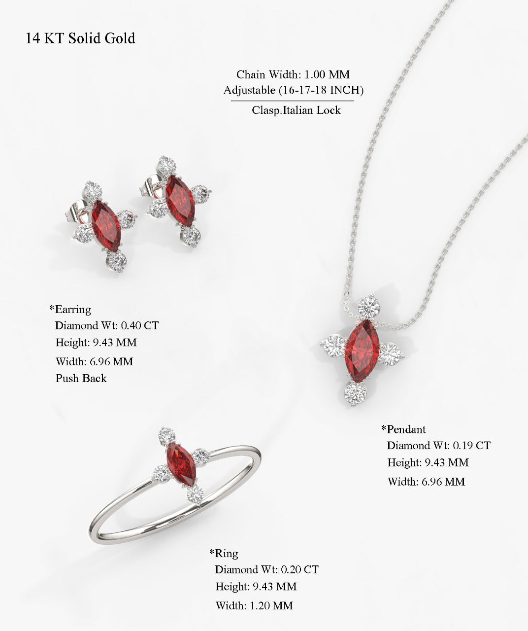 14k Gold Red Gemstone Diamond Set