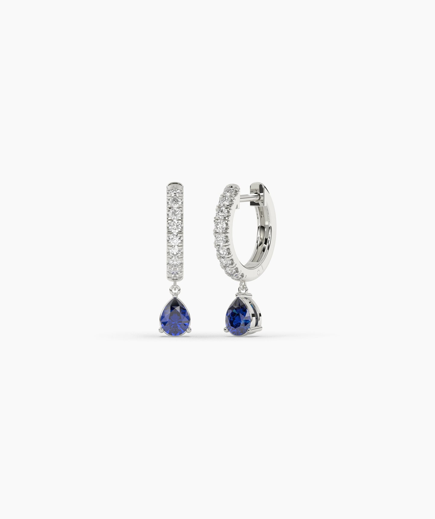 Pear Blue Diamond Drop Huggie Hoop Earrings in 14K Gold
