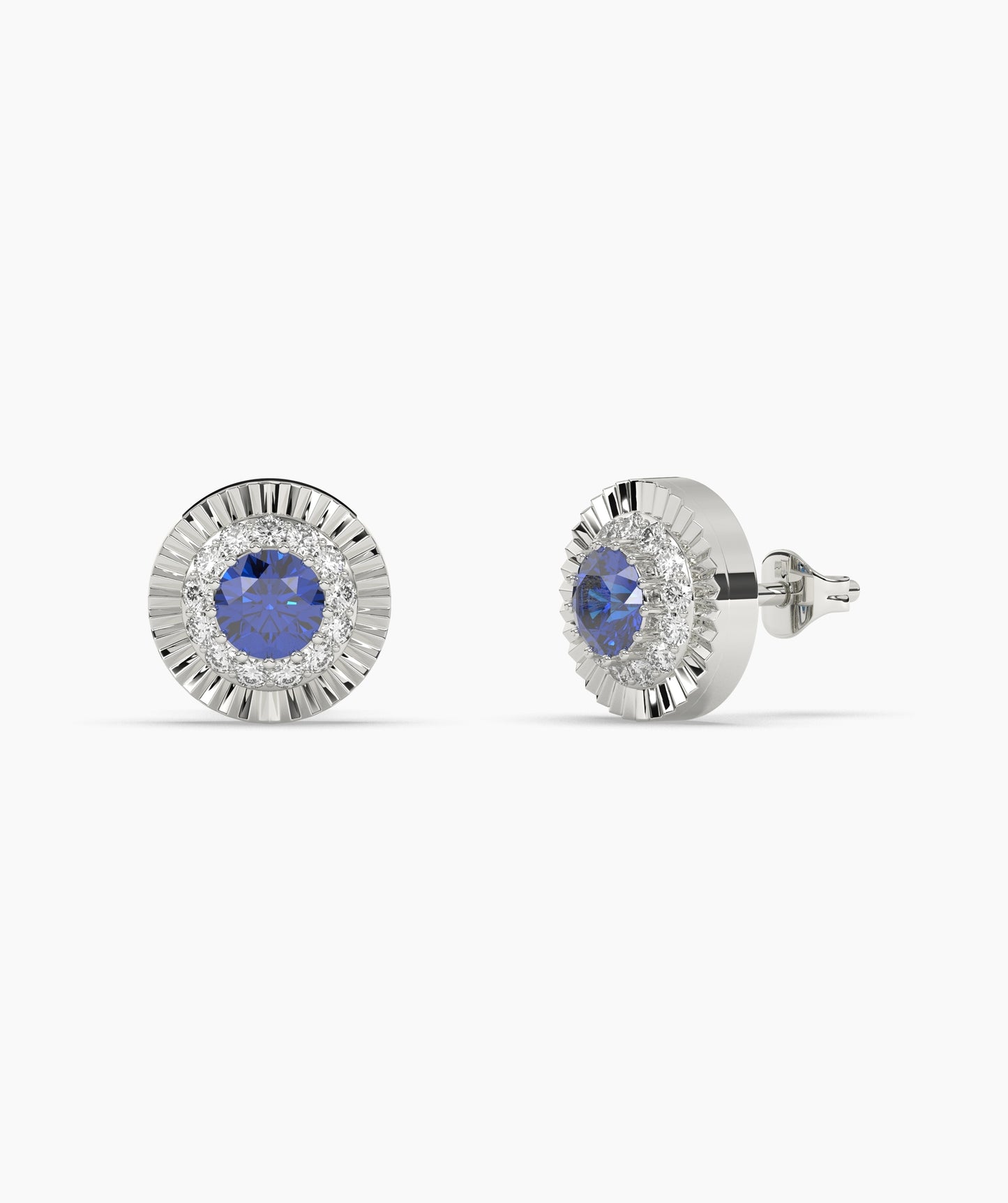 Round Birthstone Diamond Halo Fluted Stud Earrings in 14K Gold