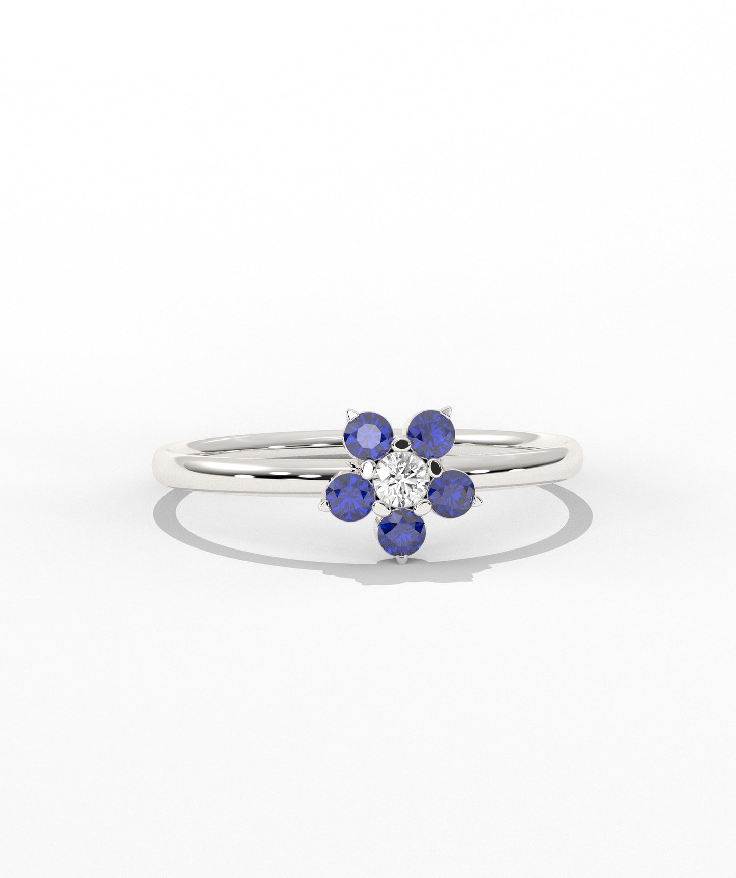 Purple and White Diamond Forget Me Not Flower Petite Ring in 14K Gold