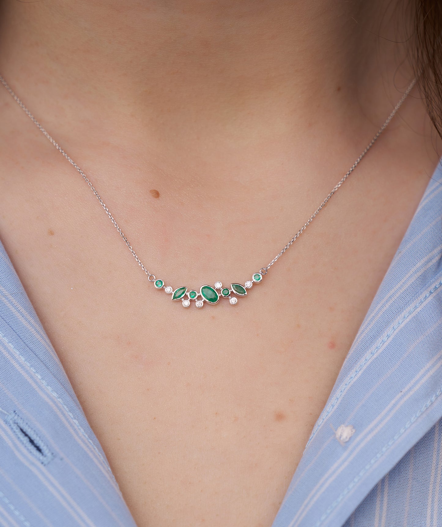 Green Gemstone & Diamond Cluster Necklace
