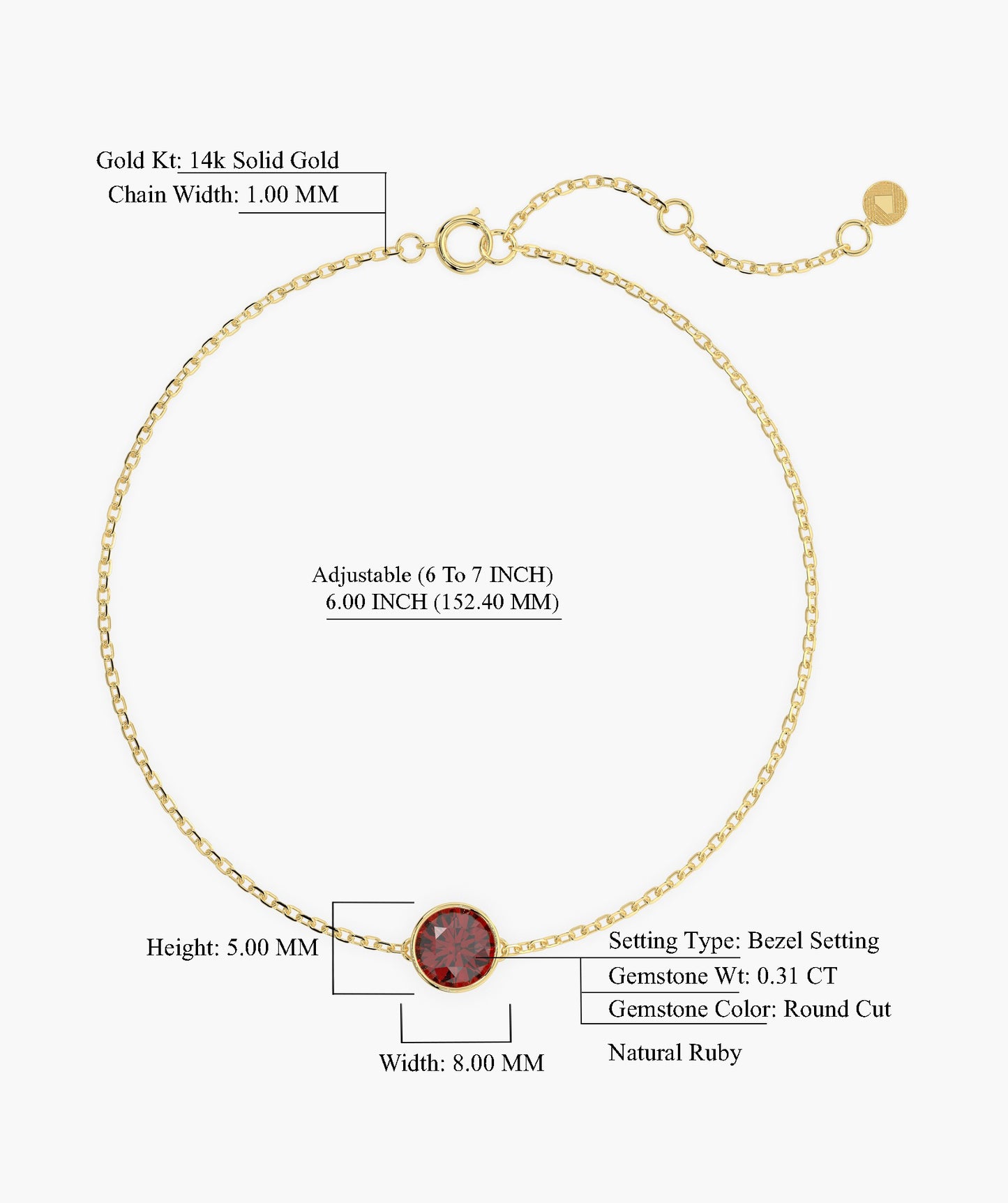 14K Gold Garnet Solitaire Chain Bracelet