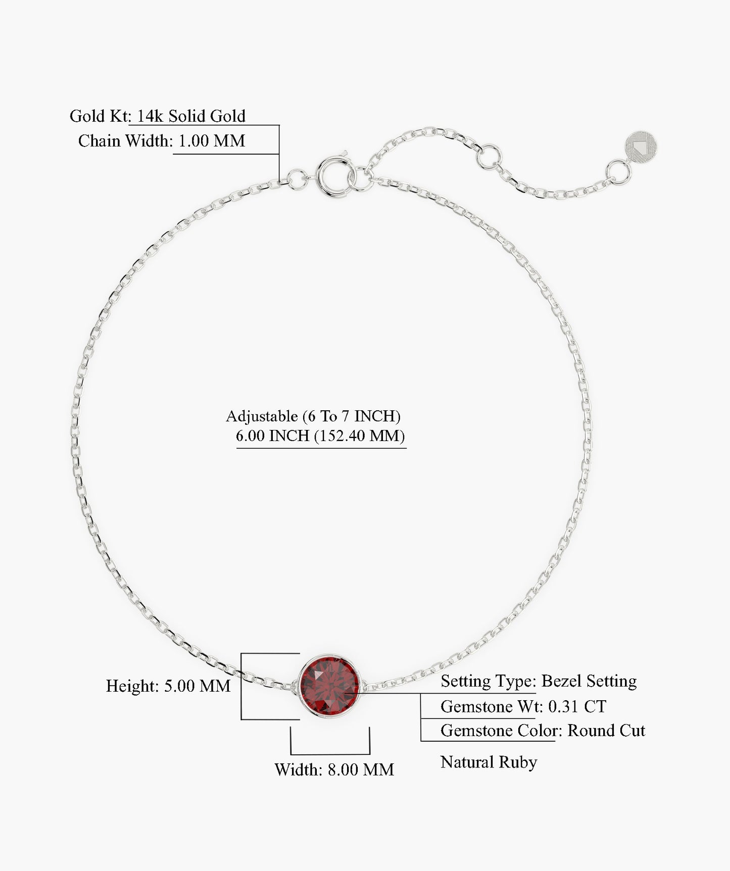 14K Gold Garnet Solitaire Chain Bracelet