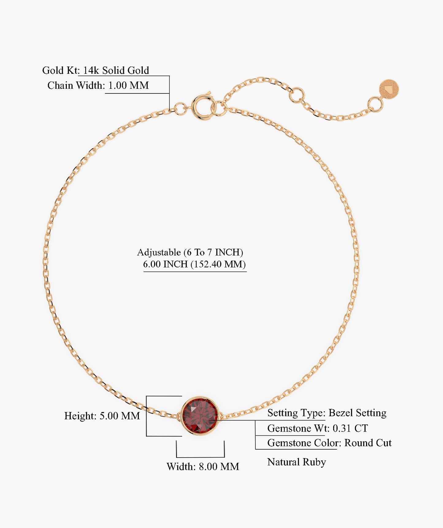 14K Gold Garnet Solitaire Chain Bracelet