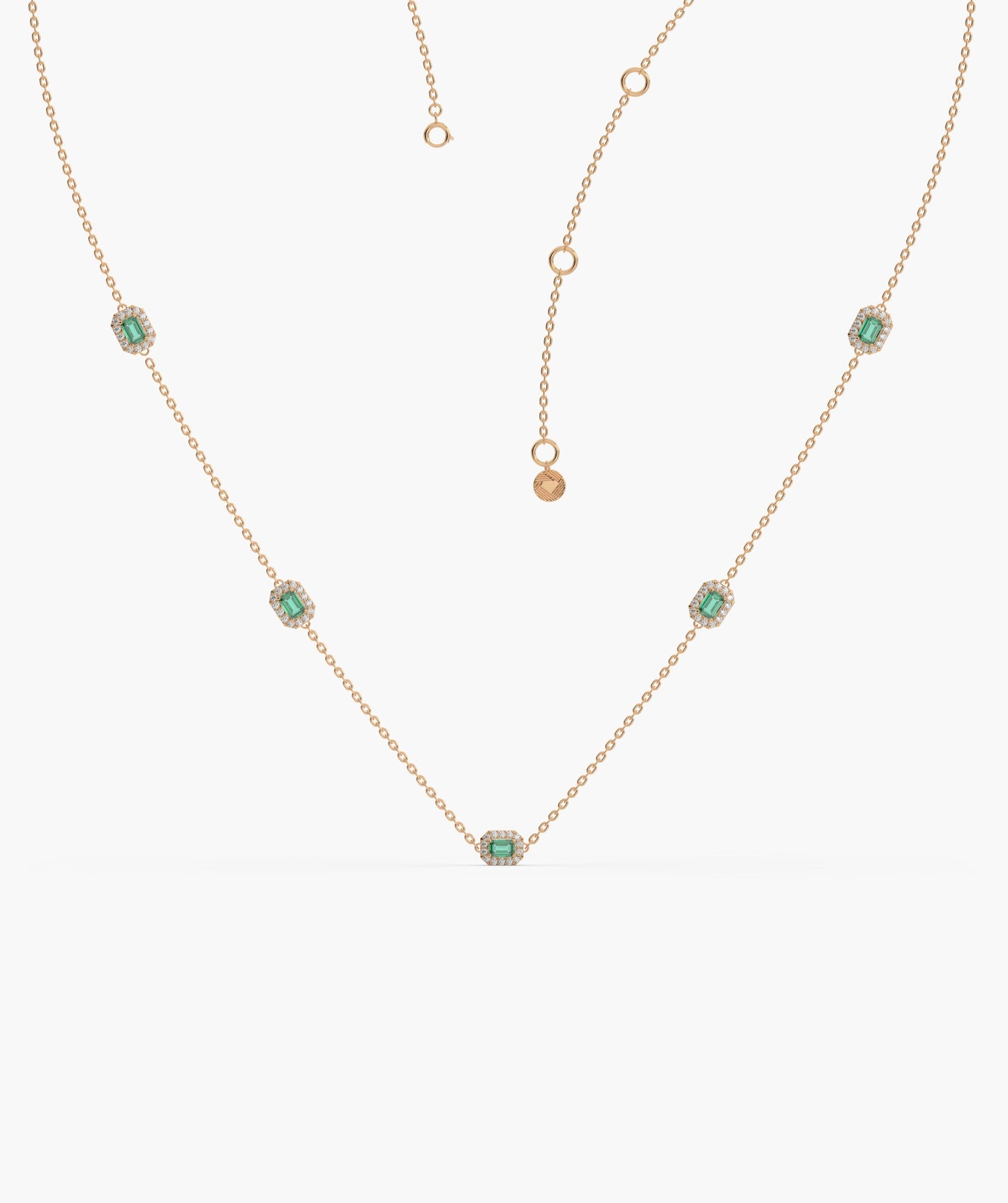 Emerald Baguette Halo Station Necklace