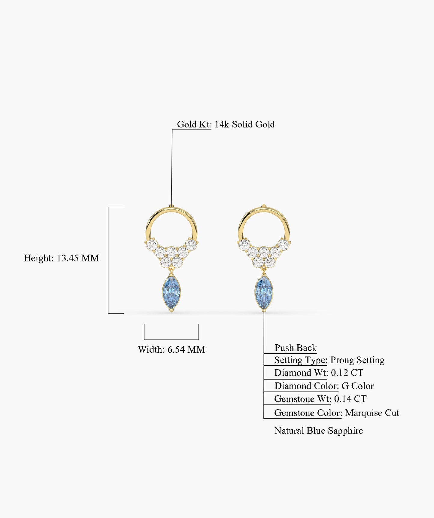 14K Gold Hoop Earrings with Blue Drop