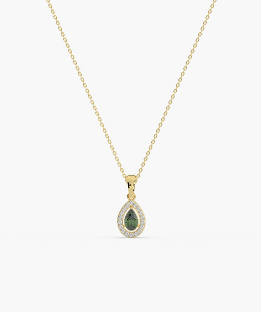 Green Pear 14K Gold Halo Pendant