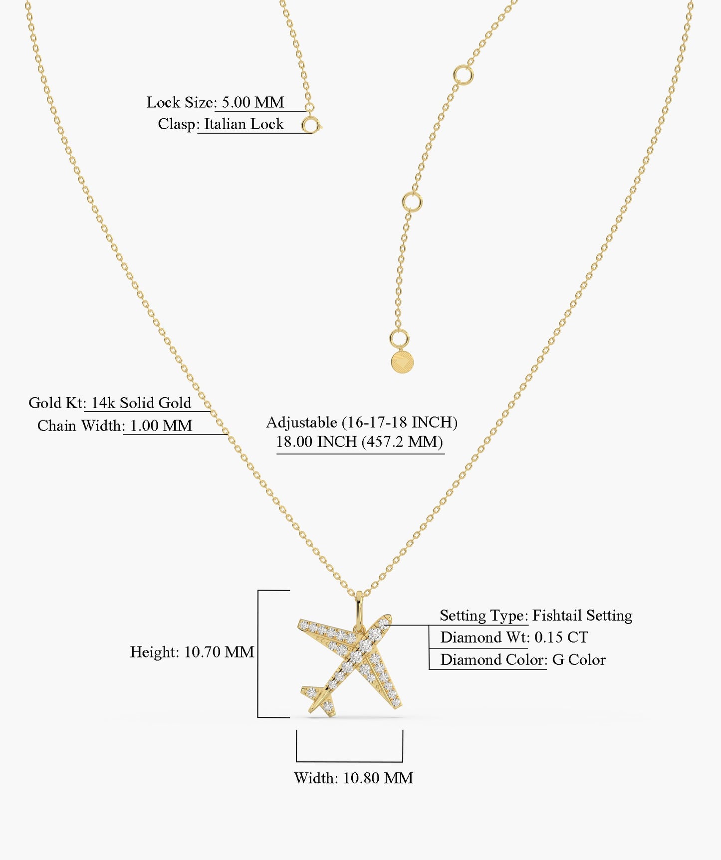 Diamond Airplane 14K Gold Necklace