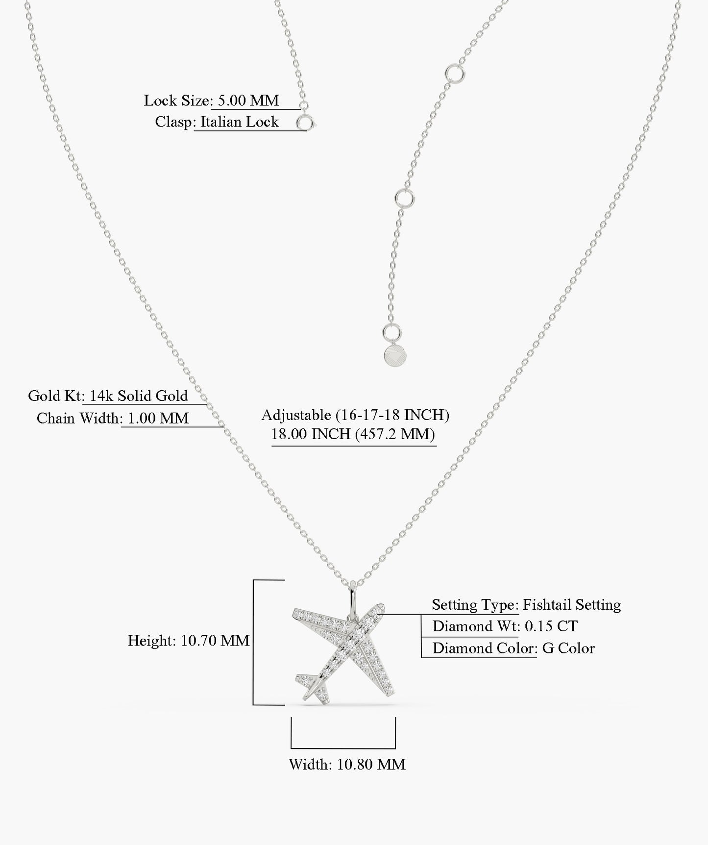 Diamond Airplane 14K Gold Necklace