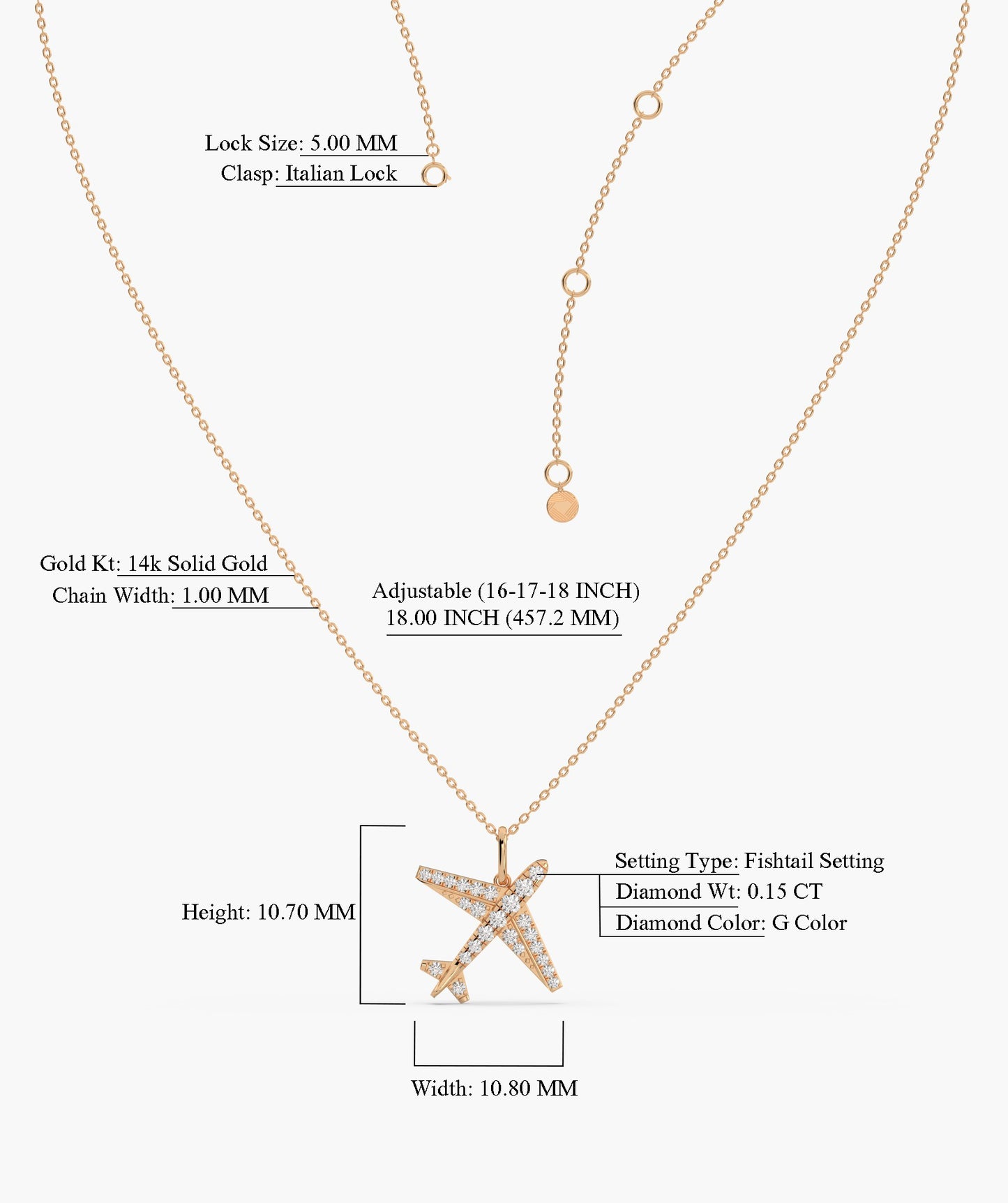 Diamond Airplane 14K Gold Necklace