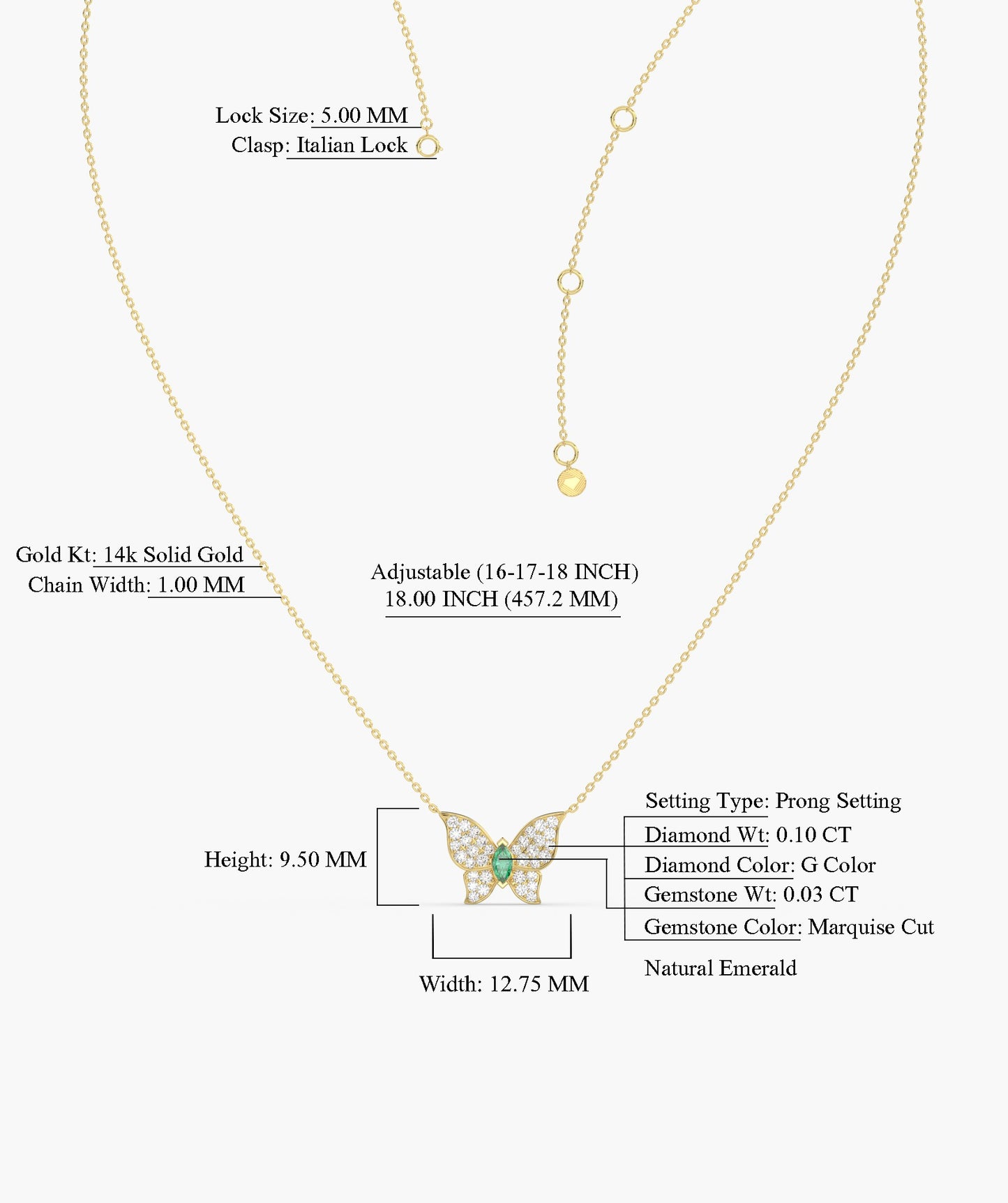 Emerald Heart Butterfly Necklace