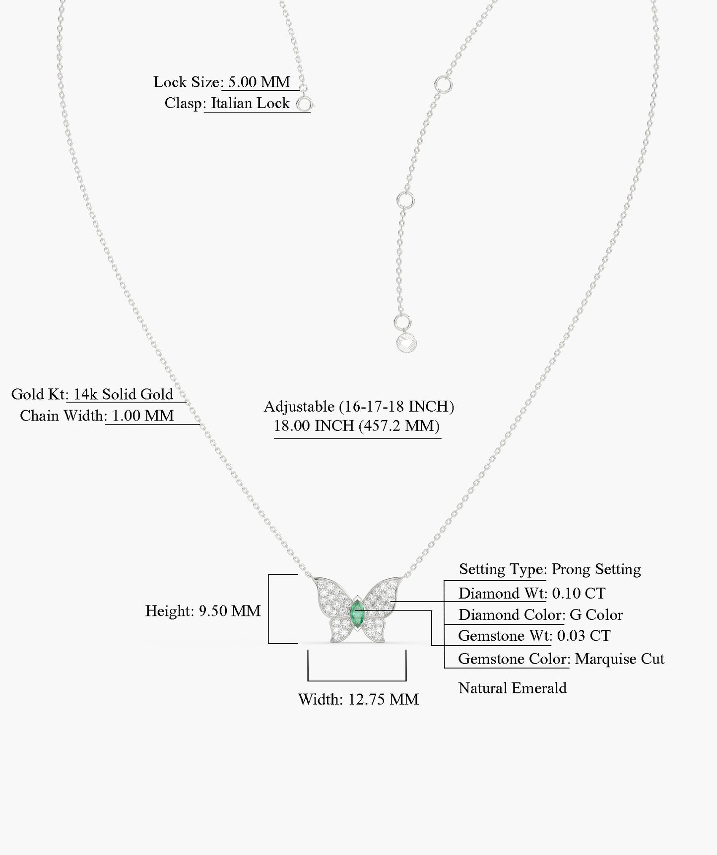 Emerald Heart Butterfly Necklace