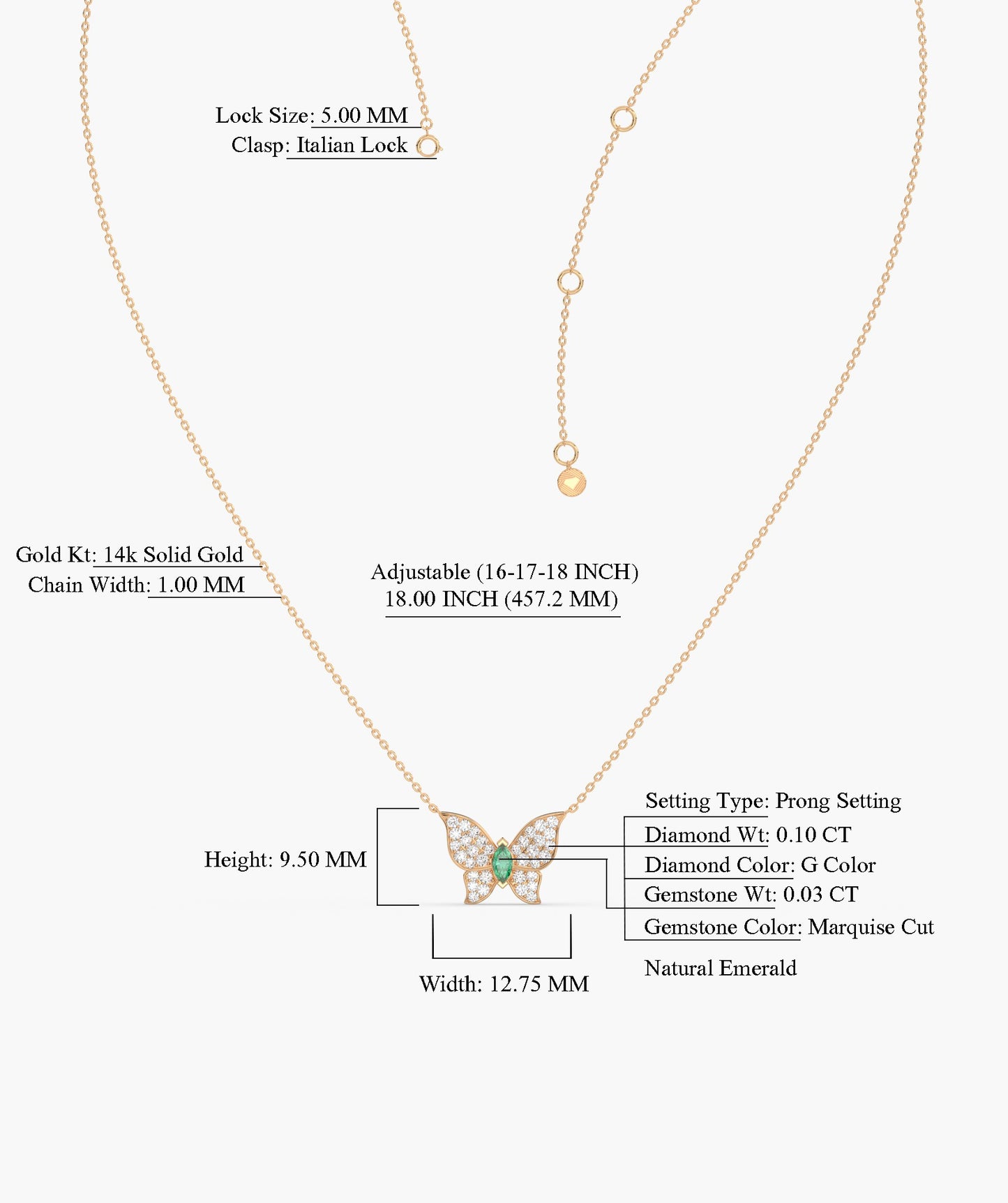 Emerald Heart Butterfly Necklace
