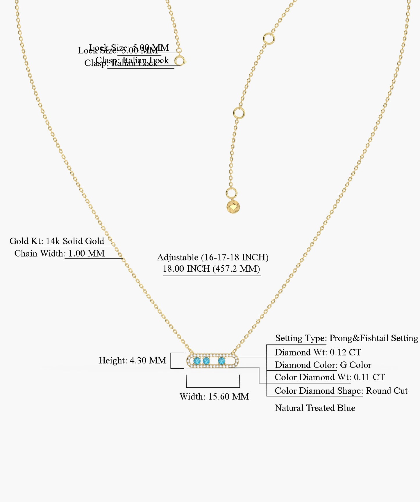 14K Gold Vertical Bar Movable Necklace with Blue Accents