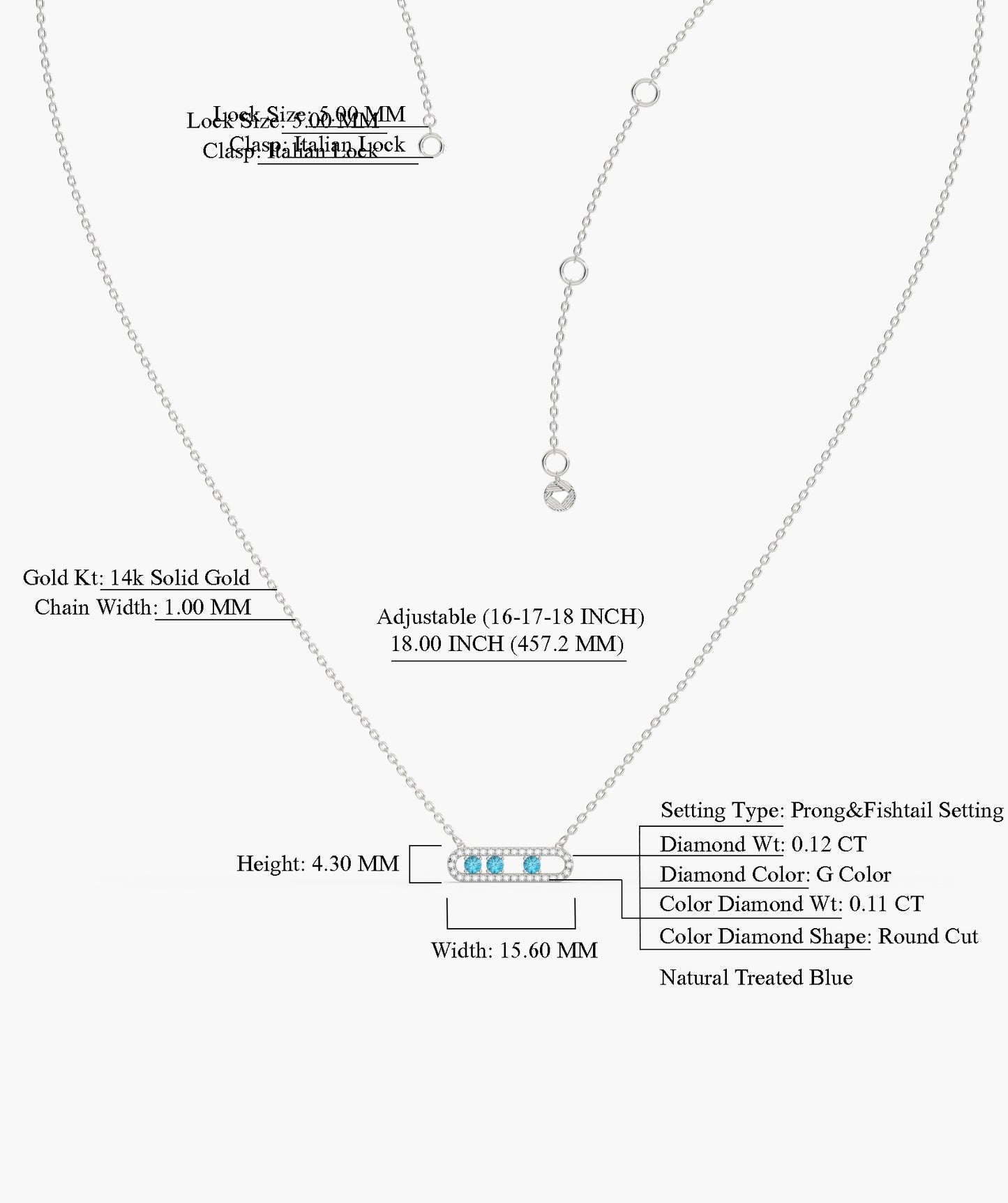 14K Gold Vertical Bar Movable Necklace with Blue Accents