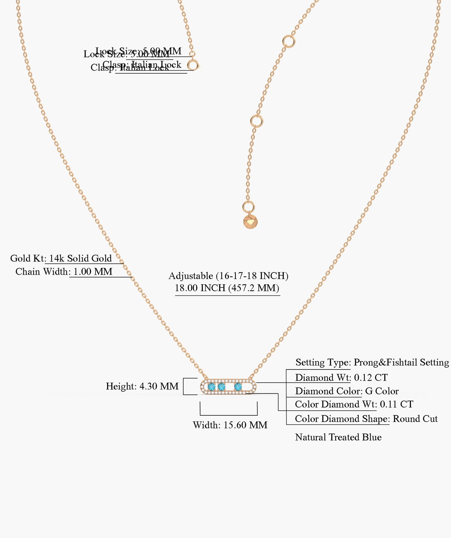 14K Gold Vertical Bar Movable Necklace with Blue Accents