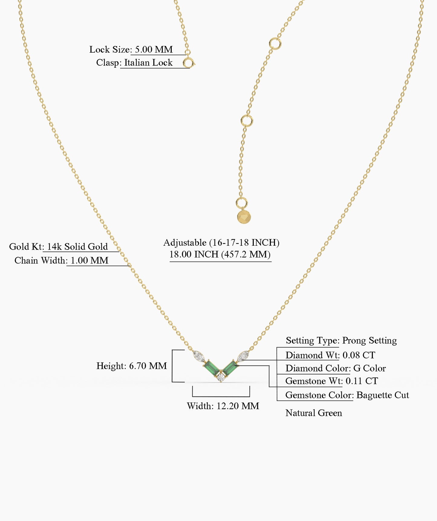 Green Baguette & Diamond V Necklace