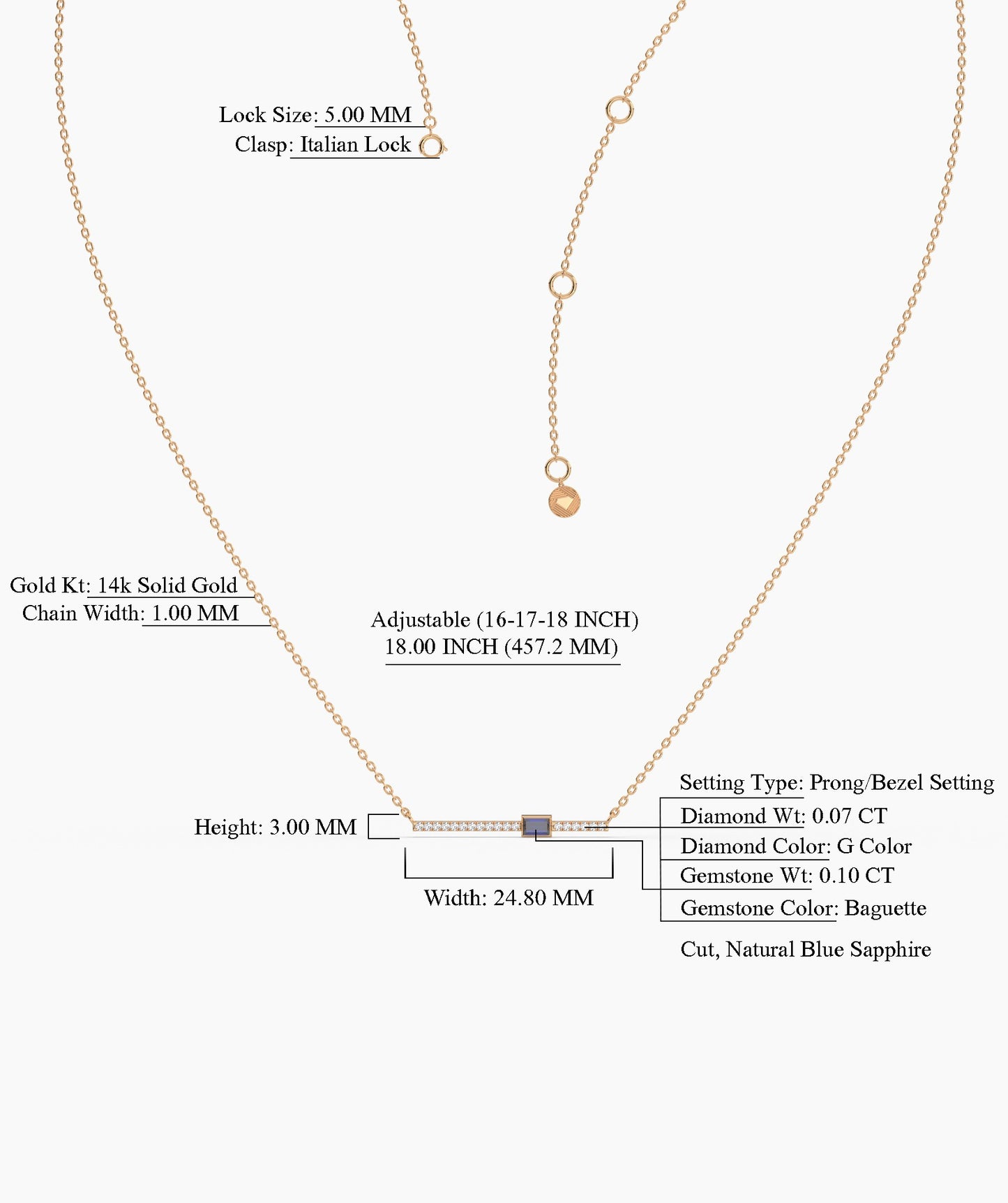 Blue Baguette Bar Gold Necklace