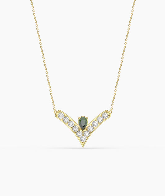 V-Shaped Diamond & Green Gemstone Necklace