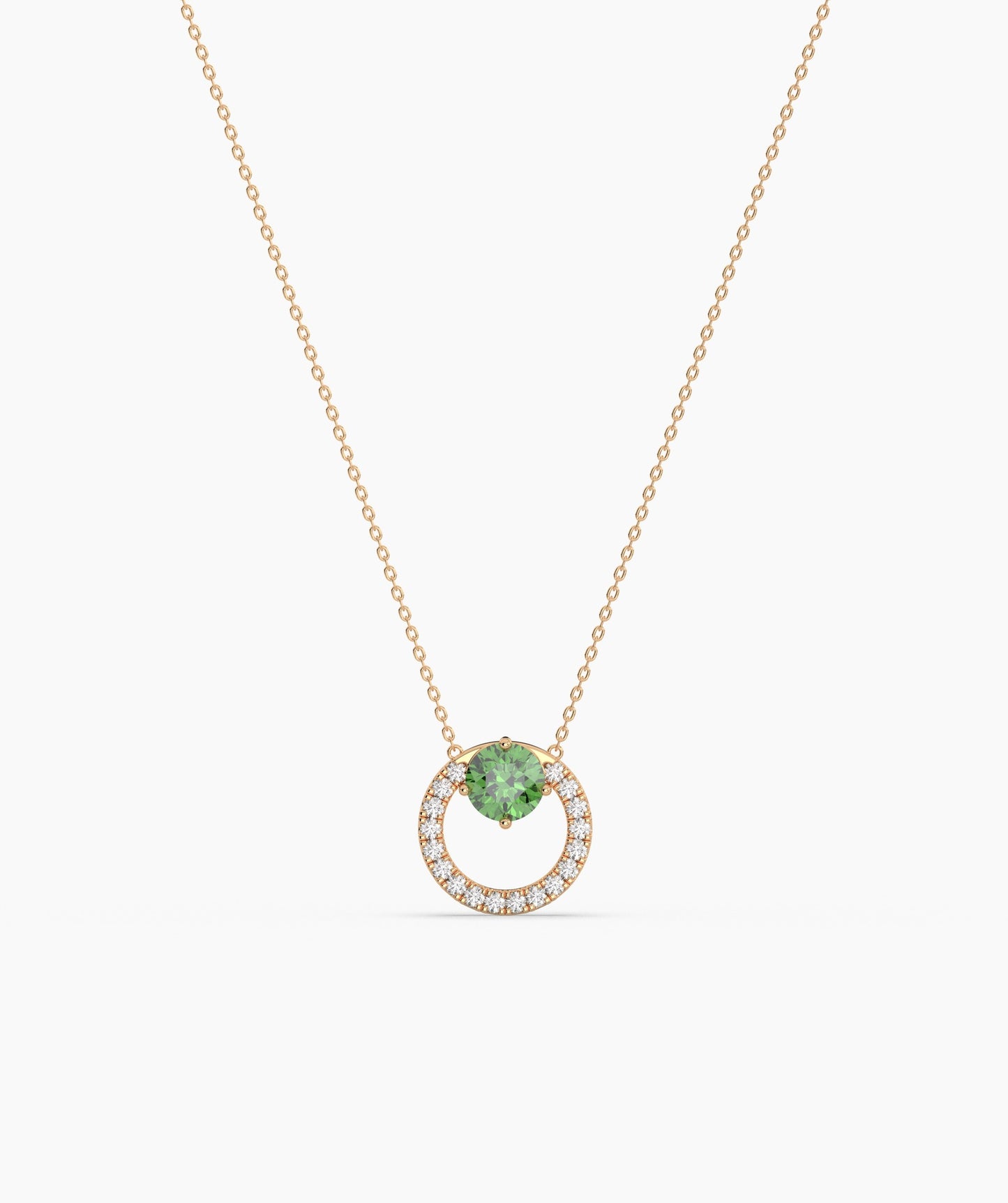 Circle Pendant Necklace with Green Gemstone & Diamonds