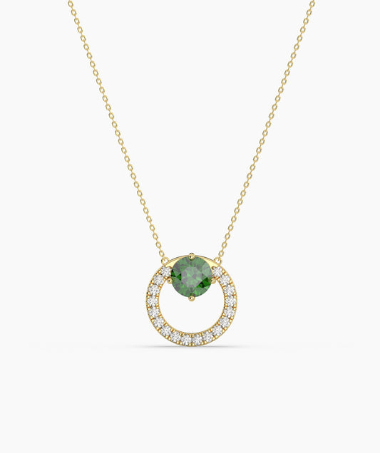 Circle Pendant Necklace with Green Gemstone & Diamonds