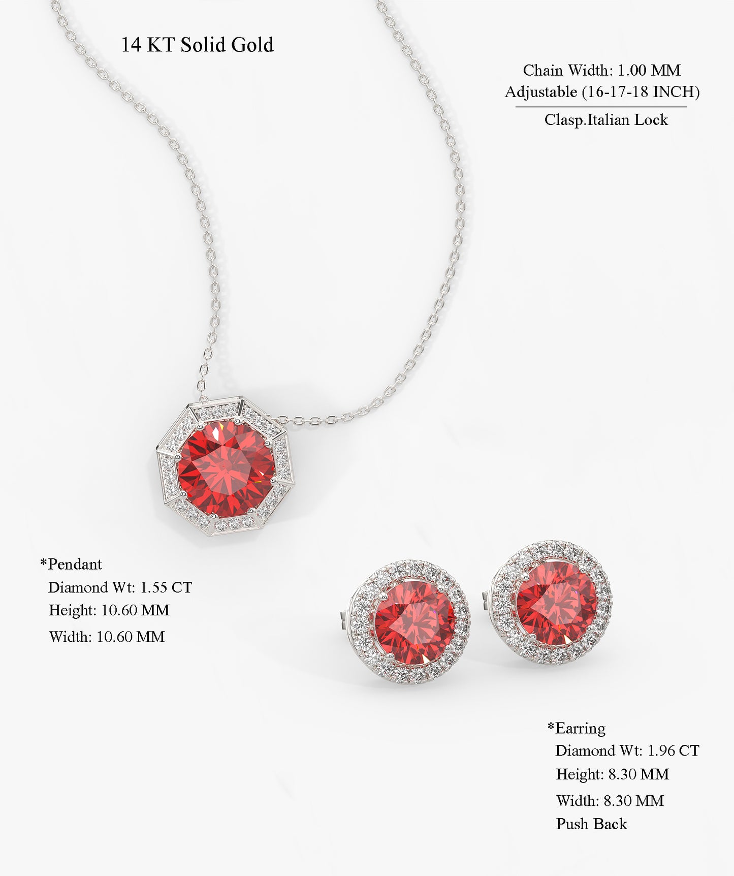 14K Gold Red Diamond Halo Jewelry Set