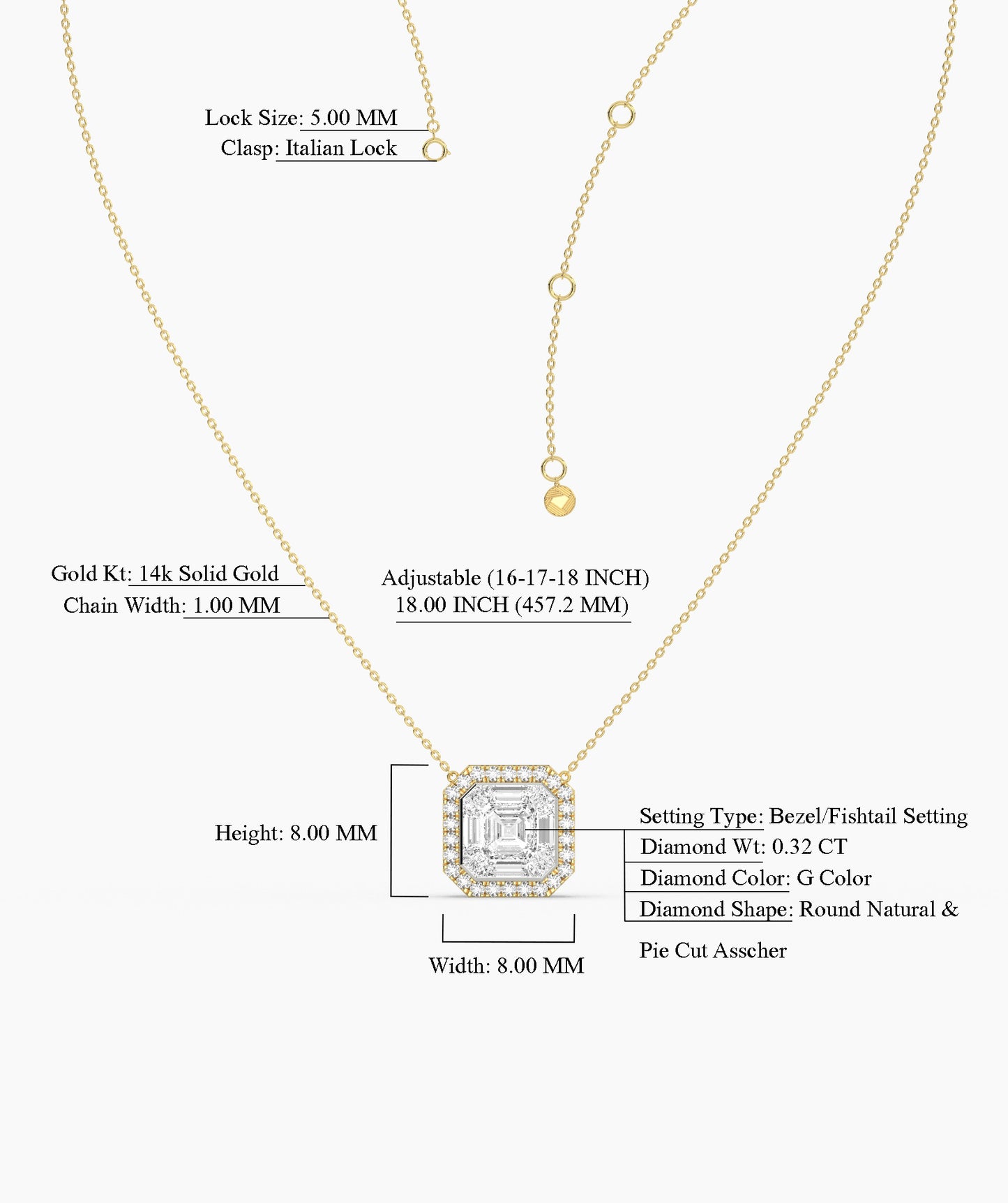 Asscher Cut Halo Necklace