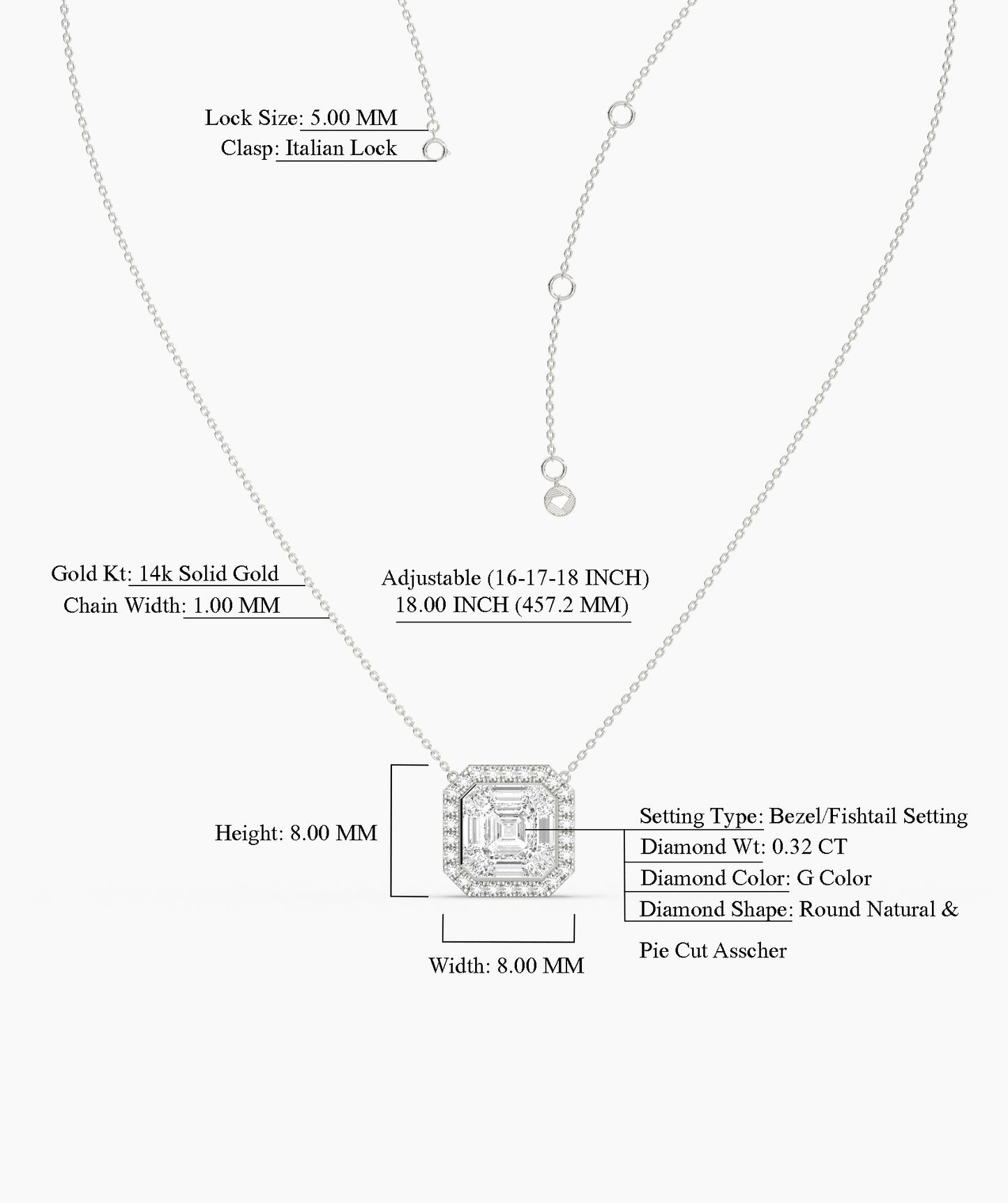 Asscher Cut Halo Necklace