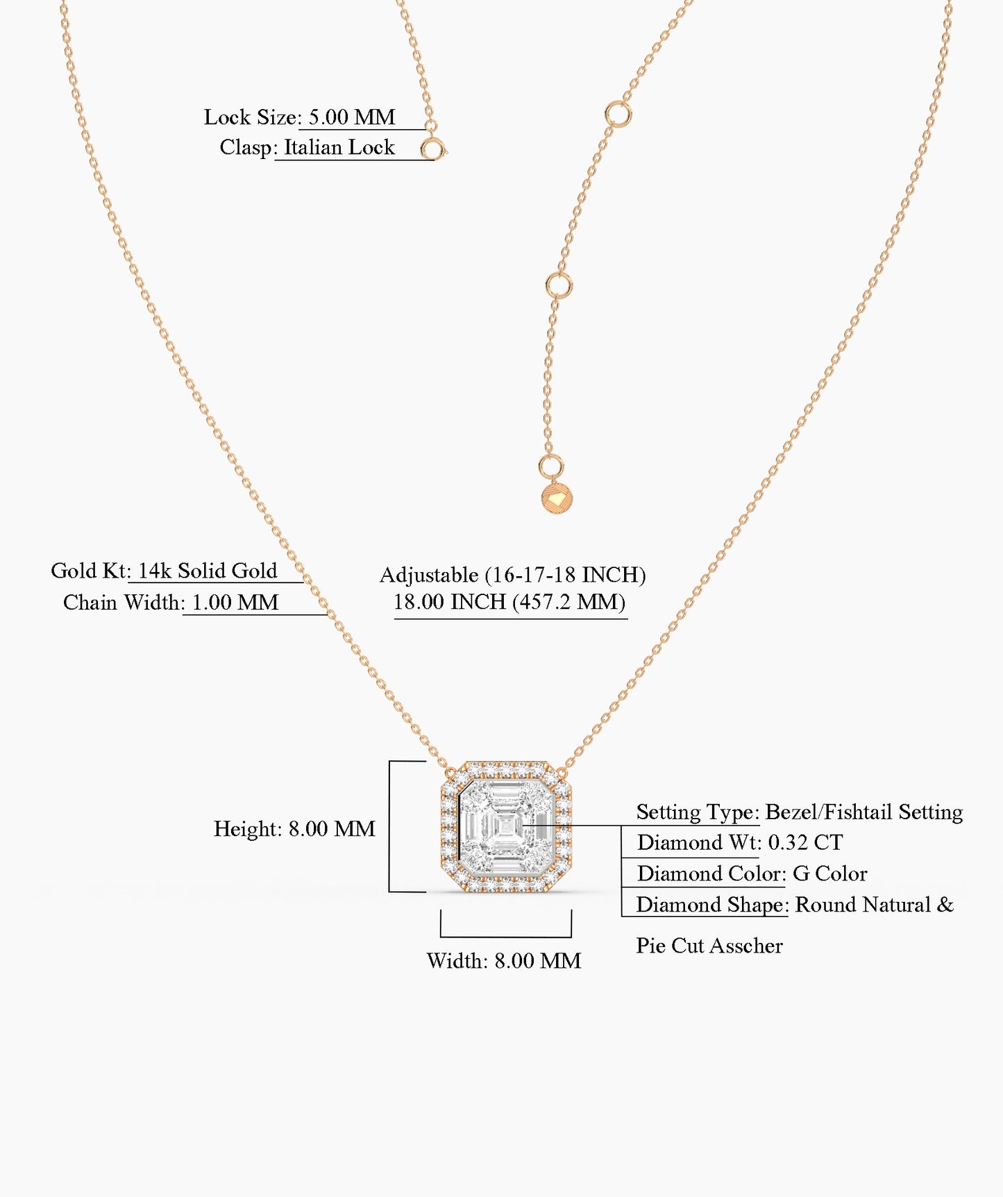 Asscher Cut Halo Necklace