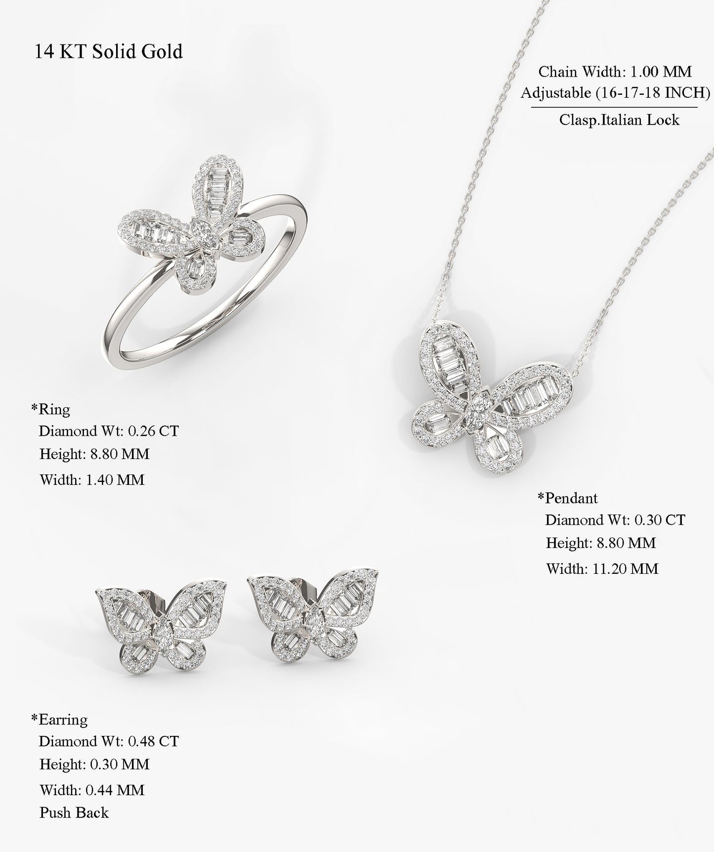 Solid 14K Gold Butterfly Jewelry Set
