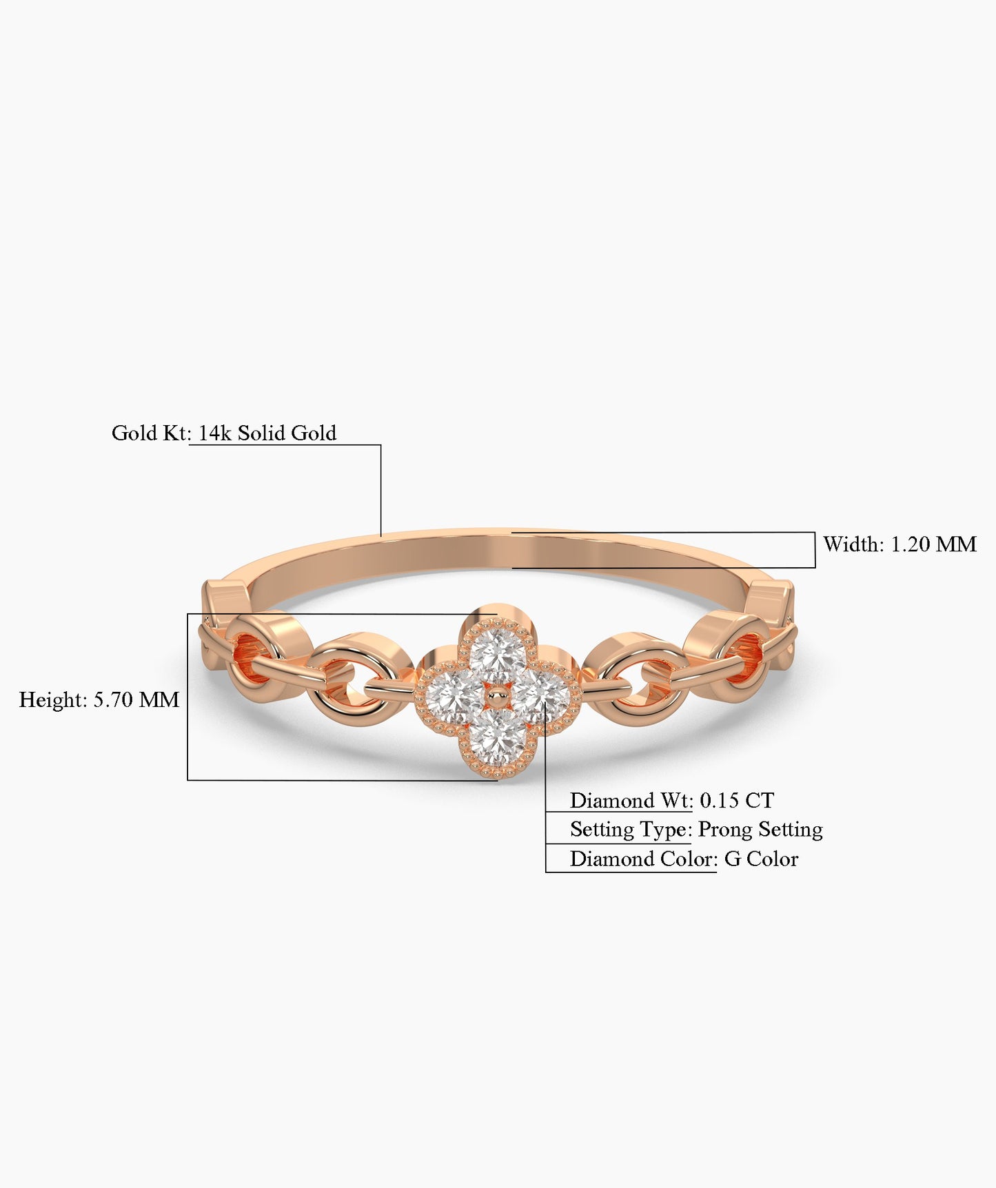 14K Gold Floral Clover Diamond Chain Ring