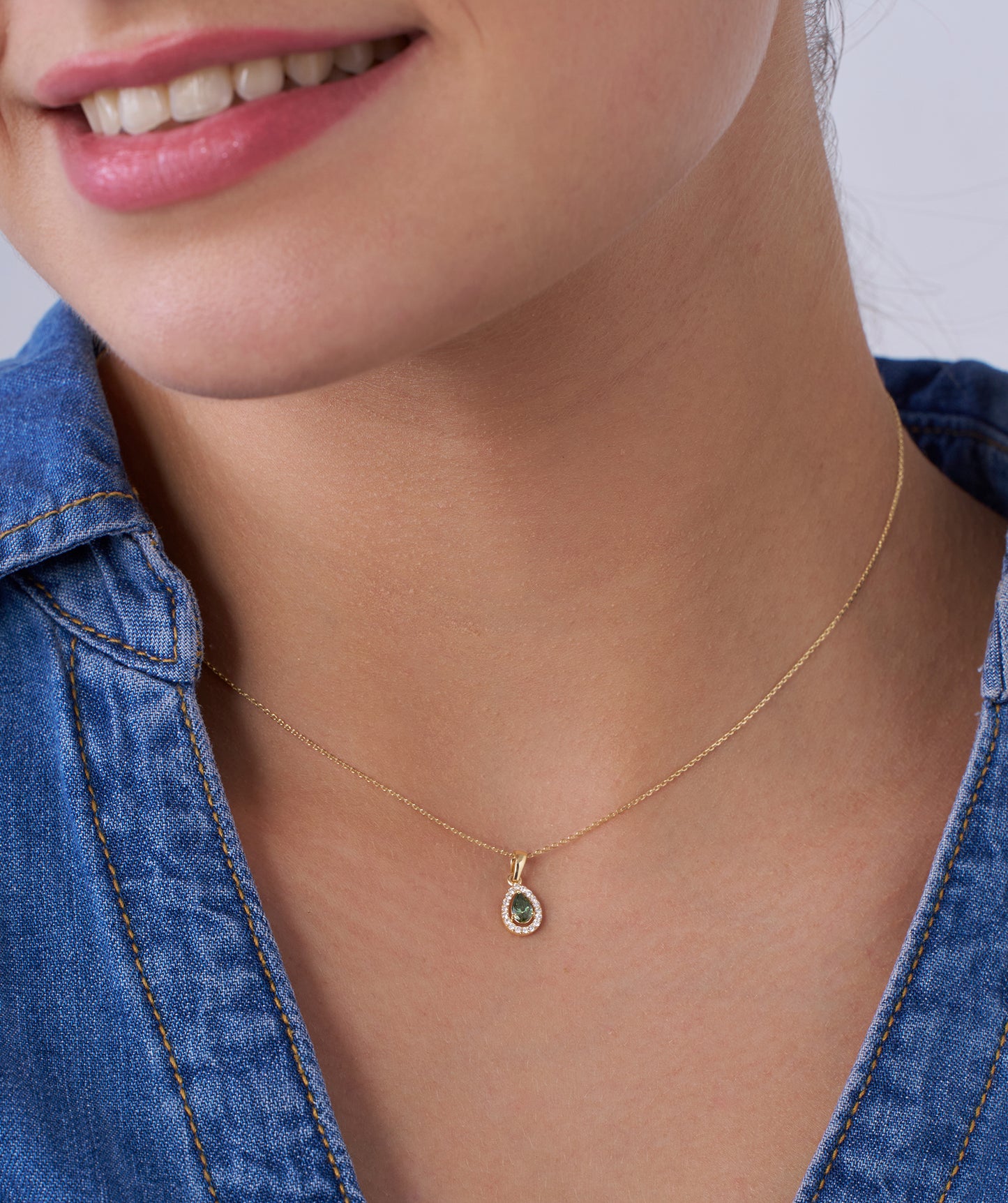 Green Pear 14K Gold Halo Pendant