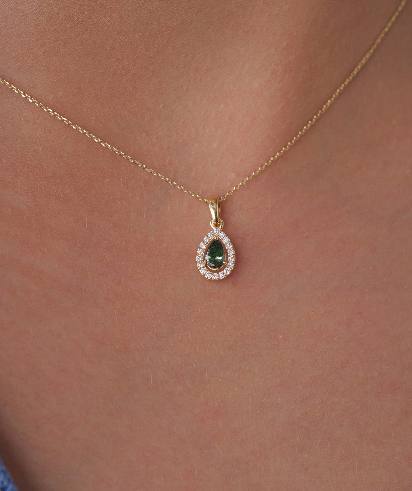 Green Pear 14K Gold Halo Pendant