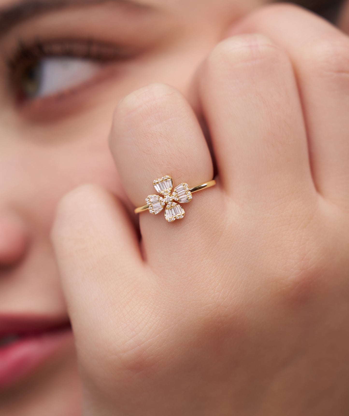14K Gold Baguette Diamond Flower Ring