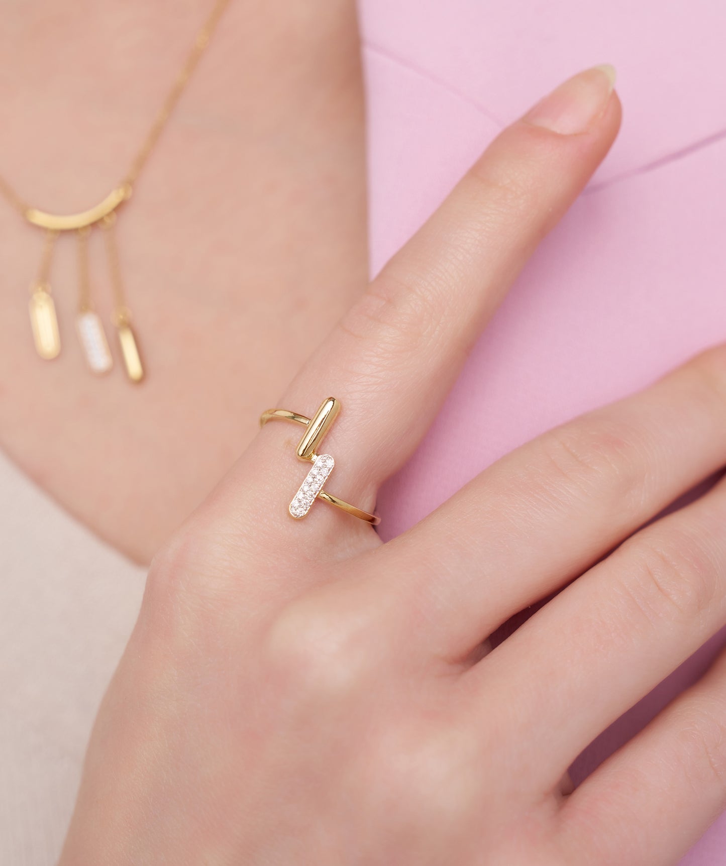 14k Solid Gold Dainty Diamond Bar Jewelry Set