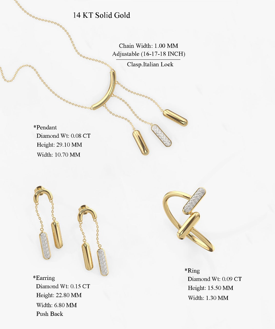 14k Solid Gold Dainty Diamond Bar Jewelry Set