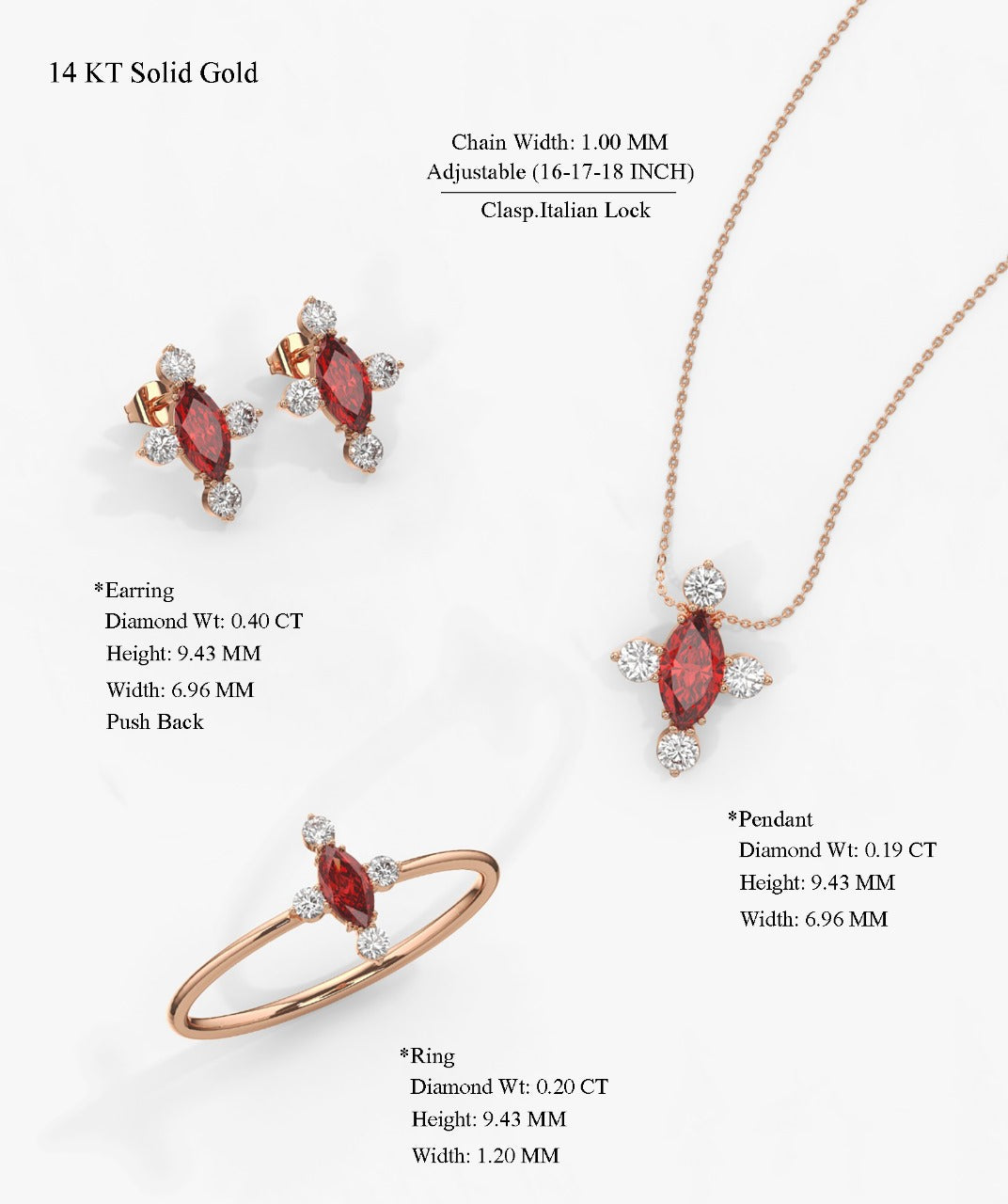 14k Gold Red Gemstone Diamond Set