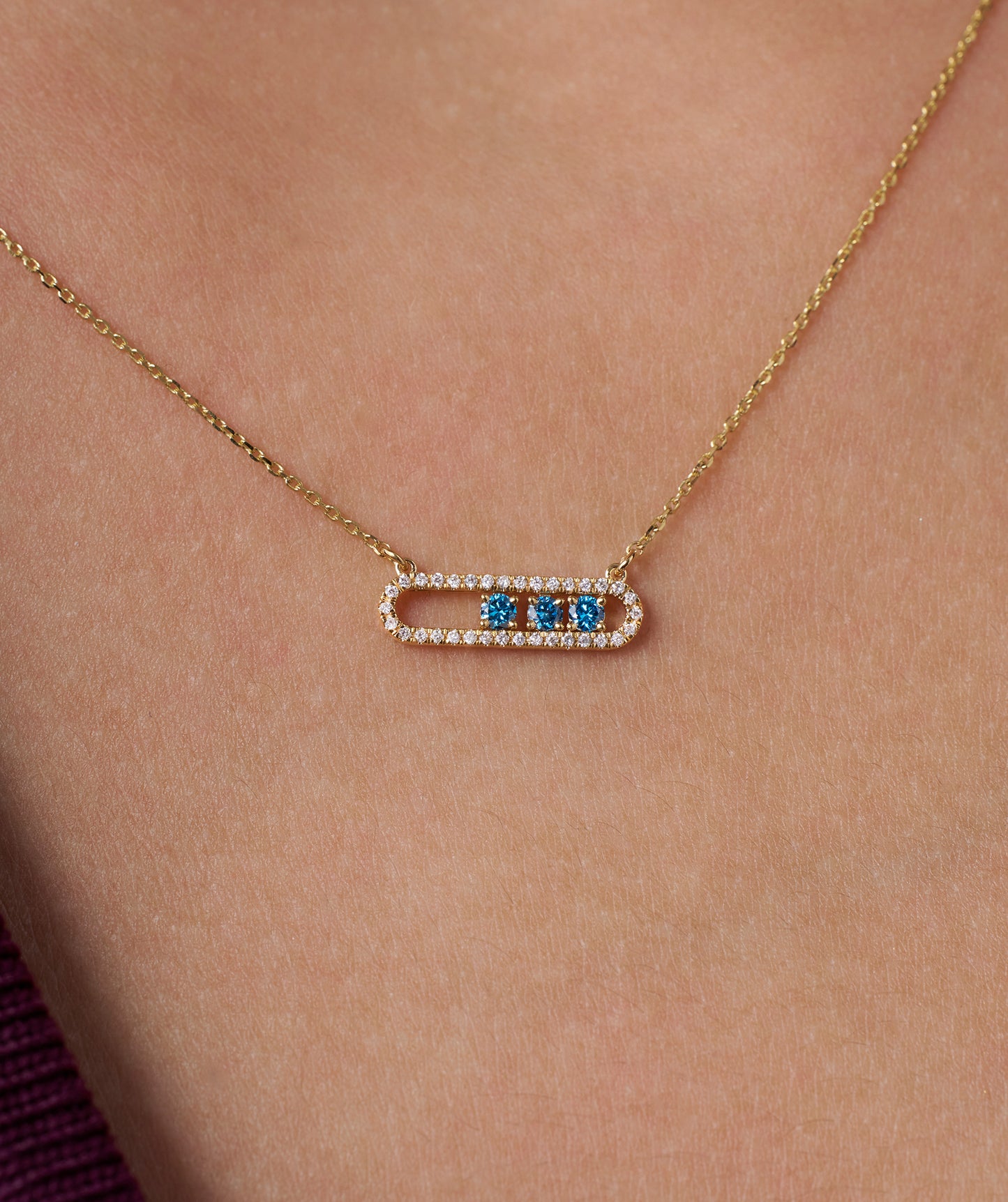 14K Gold Vertical Bar Movable Necklace with Blue Accents